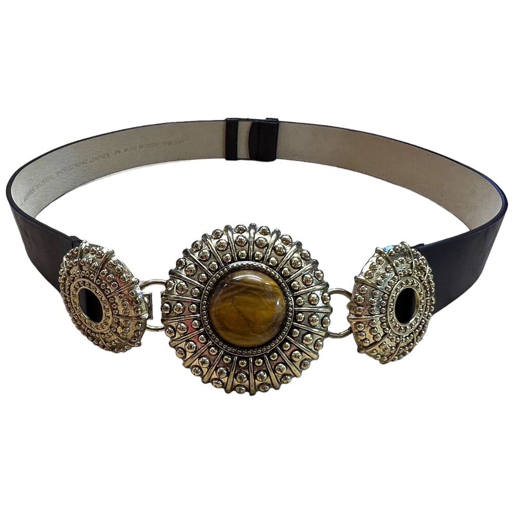 Chico's Brown Leather Belt Gold Tone Buckle with Faux Tigers Eye Stone Small/Med